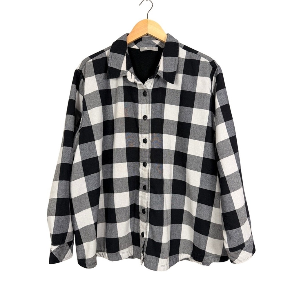 Lee Riders Plaid Flannel Shirt Black White Buffalo Check Long Sleeve Women's 2X